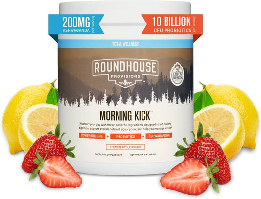 ROUNDHOUSE PROVISION Morning Kick, Zero Sugar Greens Superfood Powder Supplement with Ashwagandha, Collagen, Probiotics, Debloat Drink
